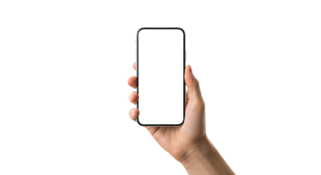 Hand holding a smartphone with a white screen isolated on transparent background