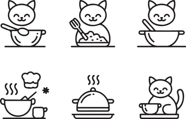 Cute Cooking Cat Icons, Adorable Chef Kitty Line Art for Kitchen, Food, and Culinary Designs