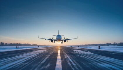 Passenger Airplane Landing on Snowy Runway During Sunset
