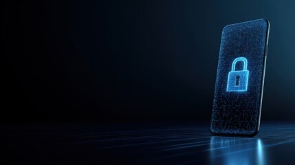 A futuristic, glowing lock icon represents data safety, cyber security, digital safety on a sleek smartphone in a photorealistic and elegant. ..Created with Generative AI, not depicting real subjects.