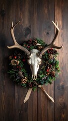Deer skull and antlers sit atop a festive wreath against rich, wood-paneled background