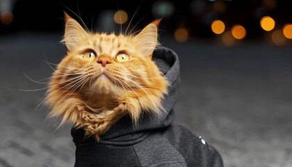 Cute Ginger Cat Wearing Black Hoodie Sitting Outdoors at Night with Blurred Lights