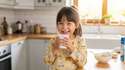 Smiling young girl enjoys a cup of milk in a bright kitchen setting.