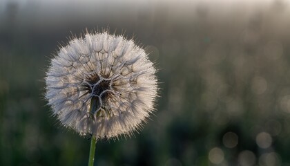 Dandelion Seed Head with Dew Drops in Soft Backlight Natural Setting