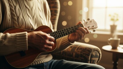 Fototapeta premium Hands playing ukulele in sunlit cozy room
