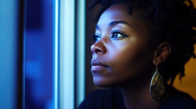 Woman gazing out window at night, pensive expression, city lights, thoughtful mood, ideal for mental health awareness