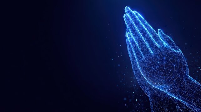 A digital representation of praying hands, illuminated with blue light against a dark background, conveys a sense of faith, hope. ..Created with Generative AI, not depicting real subjects.