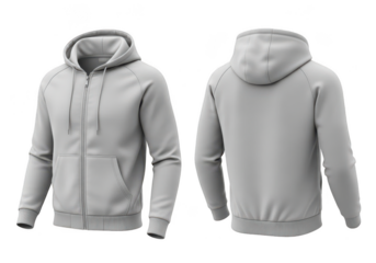 Front and back view of a plain grey zippered hoodie with pockets isolated isolated on transparent background