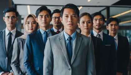 Professional Business Team Standing Confidently in Modern Office