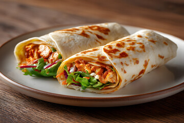 Delicious and Freshly Rolled Chicken Wraps with Vegetables on a Rustic Plate