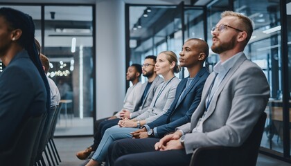 Diverse Business Professionals Attending Conference in Modern Office with Large Windows and Natural Lighting