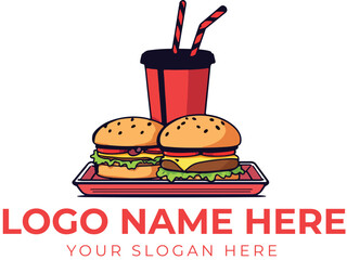 Fast food logo vector with two burgers on tray and drink cup with straws for restaurant or delivery branding