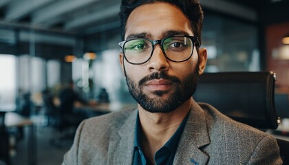 Professional Young Man Wearing Glasses Sitting in Modern Office Environment