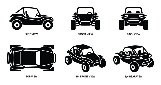 Beach buggy car black icon set. Buggy side, front, back, top, 3/4 front, and 3/4 rear view.