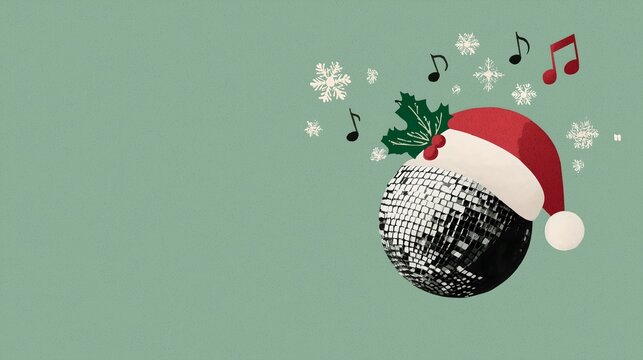 Winter Christmas ball, disco ball wearing Christmas hat, snowflakes and musical notes flying