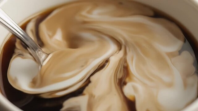 Close-up of a spoon stirring coffee with cream creating swirling patterns in a cup on a dark surface