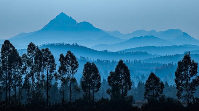 Discover the serene beauty of Mount Kenya's misty landscapes with towering trees in the foreground, a breath of fresh air for your next project