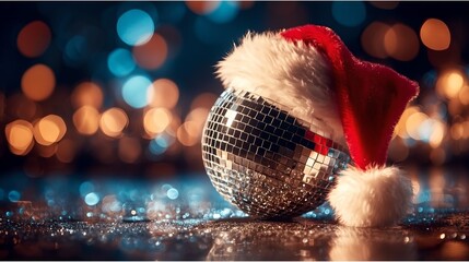 Winter Christmas ball, disco ball wearing Christmas hat, snowflakes and musical notes flying