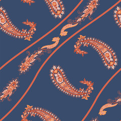Bold Navy Curved Paisley Stripes