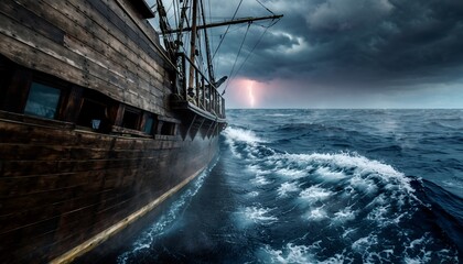 Sailing Ship in Rough Ocean Storm with Lightning and Dark Sky