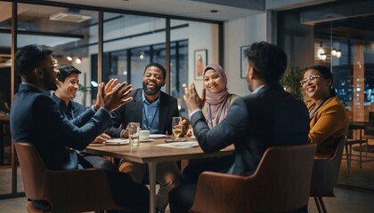 Diverse Group of Businesspeople Engaged in Conversation at Restaurant Table in Modern Interior