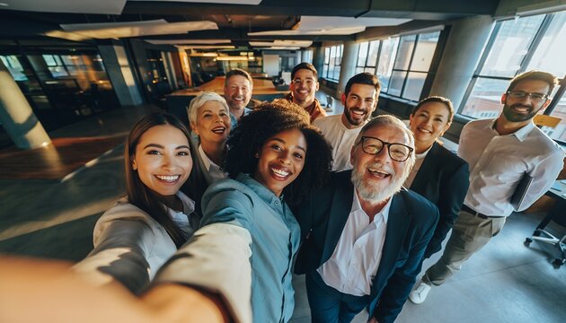 Diverse Business Team Taking Selfie in Modern Office Bright Natural Light