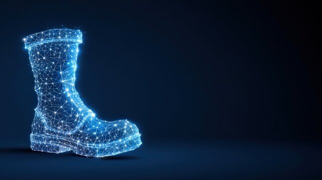 A glowing digital boot, a symbol of industrial and technological advancement, shining brightly against a dark background. ..Created with Generative AI, not depicting real subjects. - Powered by Adobe