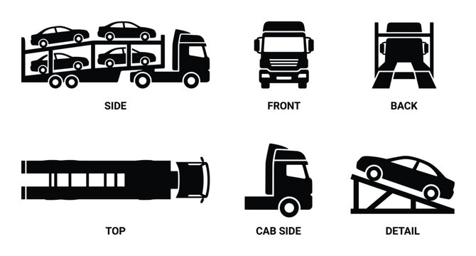 Car carrier truck black icons. Simple set of different views. Flat vector illustration.