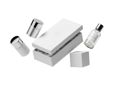 Floating luxury packaging concept with minimal reflections white background