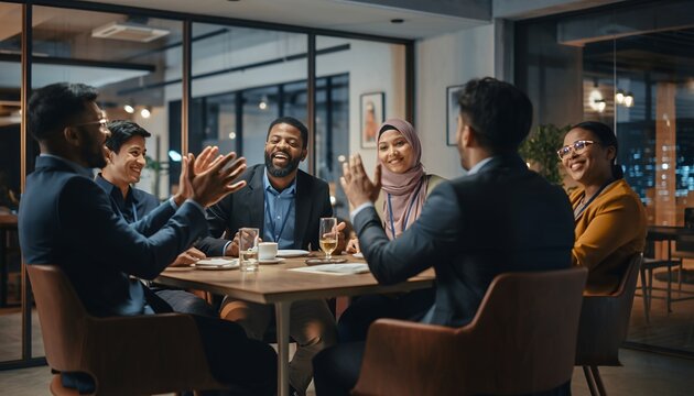 Diverse Group of Businesspeople Engaged in Conversation at Restaurant Table in Modern Interior