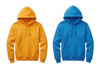 Two colorful hoodies, orange and blue, displayed side by side isolated isolated on transparent background