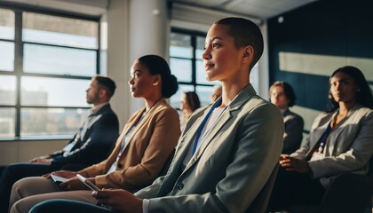 Diverse Group of Businesswomen and Businessmen Attending Conference in Modern Office Space