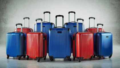 Set of Blue and Red Hard Shell Suitcases with Telescopic Handles in Studio