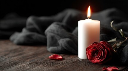 Elegant memorial scene featuring a single red rose and a glowing candle on a dark wood surface, evokes feelings of remembrance and enduring love