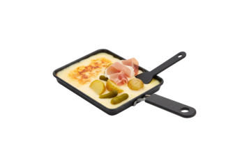 Raclette Pan with Food. Isolated on white. Raclette is both a cheese and a dish. This pan is designed for a contemporary electric table-top grill.
