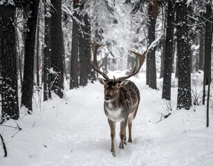 Deer walks snowy path in forest framed by tall trees, some snow-covered branches