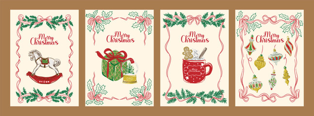 Christmas and Happy new year greeting vector card set, whimsical drawing Holiday Christmas decor element art vector illustration. Can be used for card, postcard, cover, banner etc