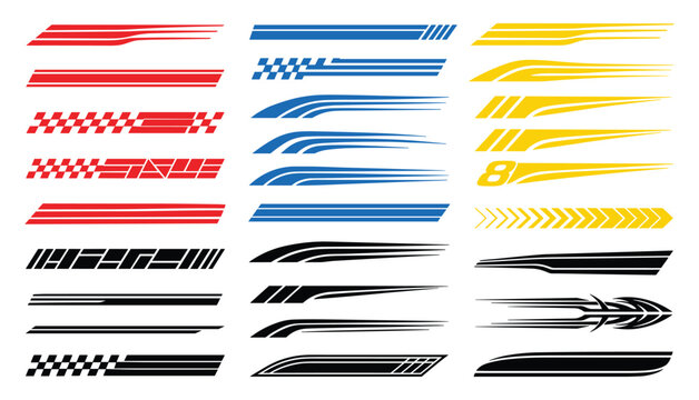 Car stripe stickers set. Sport racing automobile decoration. Graphic decals collection.