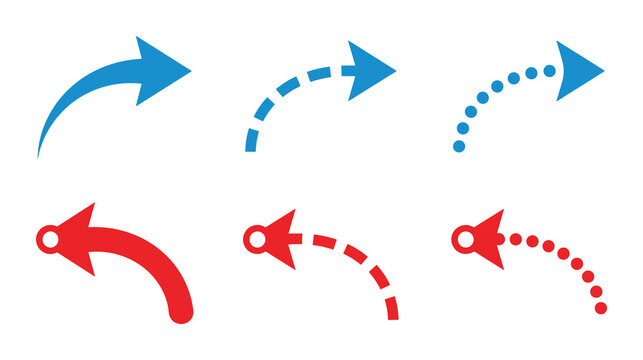 Curved arrow icons, blue and red, solid dashed dotted lines, left and right.