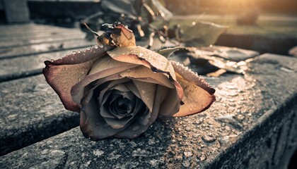 Dried Rose with Water Droplets on Stone Surface in Warm Sunset Light
