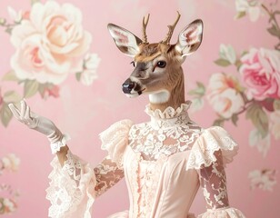 Deer-headed figure in lace gown stands before floral pink background, elegant and whimsical