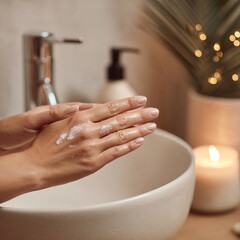 Hand Washing Self-Care Scene &ndash; Woman Cleaning Hands With Soap in a Cozy Bathroom Setting With Candlelight, Skincare Routine, Hygiene Concept, Wellness Lifestyle, and Spa-Inspired Design