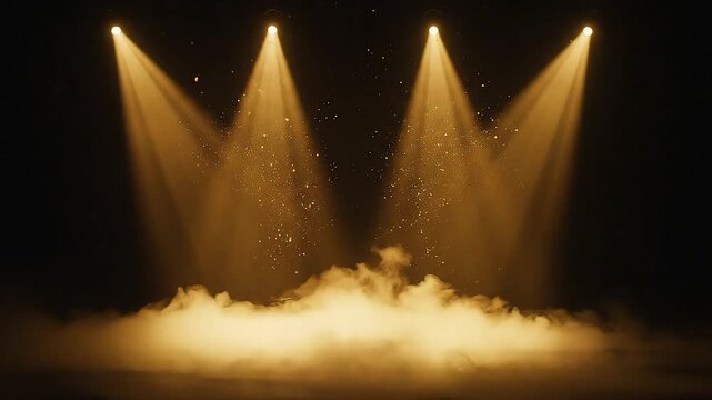 Dramatic stage lighting with golden spotlights and swirling smoke effects create a vibrant concert atmosphere perfect for music events or theatrical productions