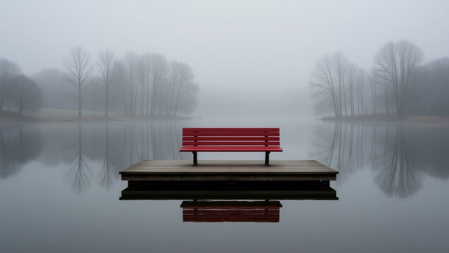 Red bench on foggy lake platform with tree reflections