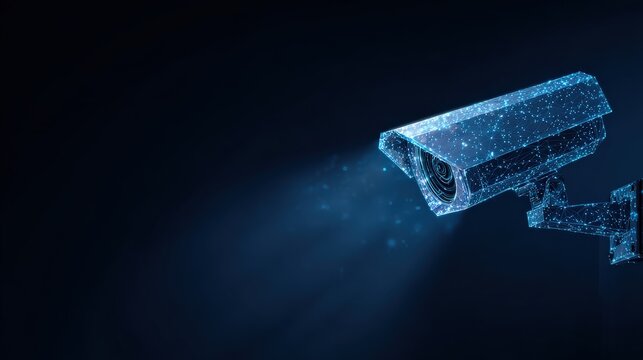 A futuristic surveillance camera projects a beam of light. A symbol of security. against a dark, dramatic backdrop. ..Created with Generative AI, not depicting real subjects.