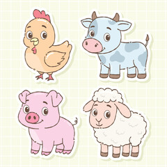 Cute Farm Animals Cartoon Vector Set