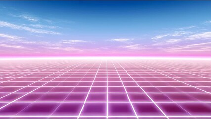 Dreamy retro futuristic digital landscape with glowing pink neon grid extending to horizon. Serene abstract synthwave background for 80s virtual reality nostalgia - Powered by Adobe