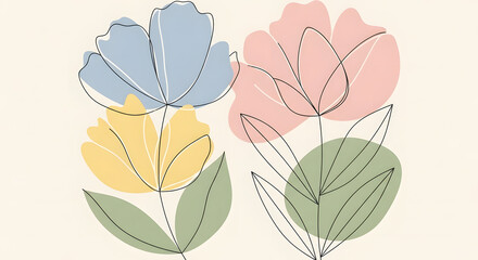 Abstract Line Art Flowers With Pastel Colors.