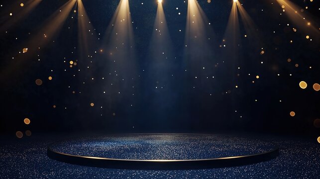 Golden Spotlight Award Ceremony Stage Design with Abstract Glitter Background, Anniversary Winner Template