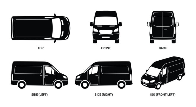Delivery van icons showcasing top front back side and isometric views for versatile design projects.